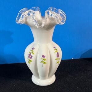 Fenton White Vase with Purple and Green Floral Accents